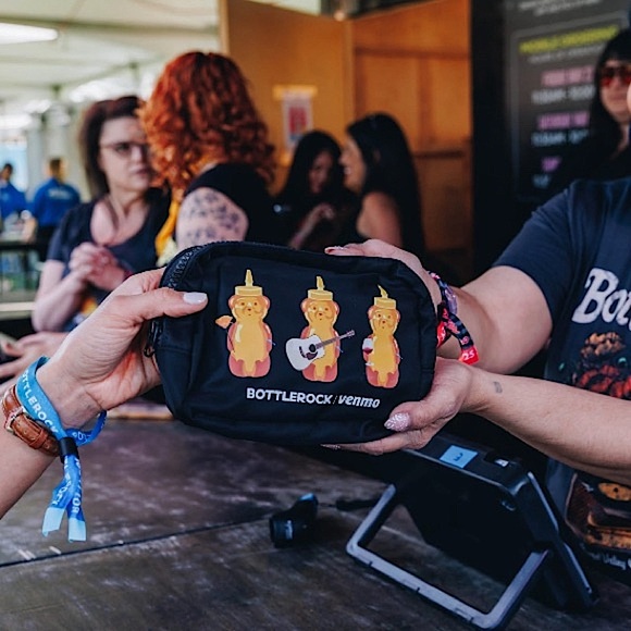 Golden Goods Handbags - BottleRock Festival Fanny Pack Sling Crossbody Bag Poppy Honey Bear Guitar Wine